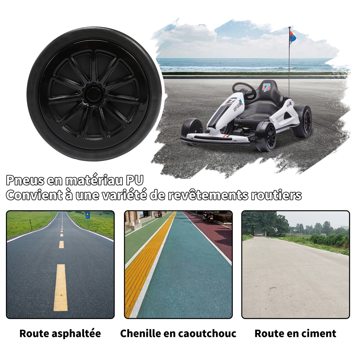 HOMEMiYN 24V 13 km/u elektrische driftkart met zachte start, muziek, claxon, veiligheidsgordel voor kinderen van 8-12 jaar (wit).