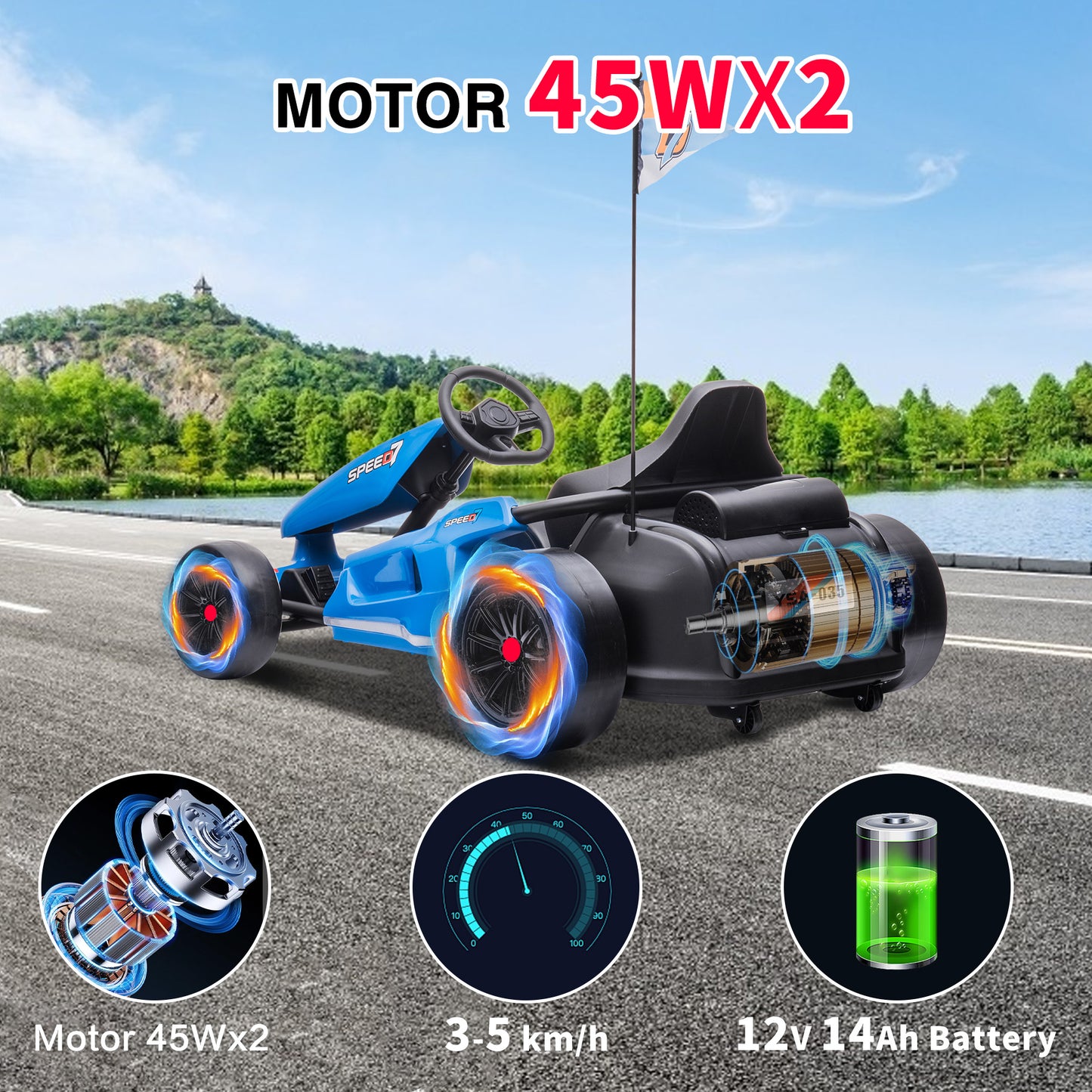 HOMEMiYN 24 V 13 km/h Elektro-Driftkart mit Sanftanlauf, Musik, Hupe, Sicherheitsgurt für Kinder von 8–12 Jahren (blau)