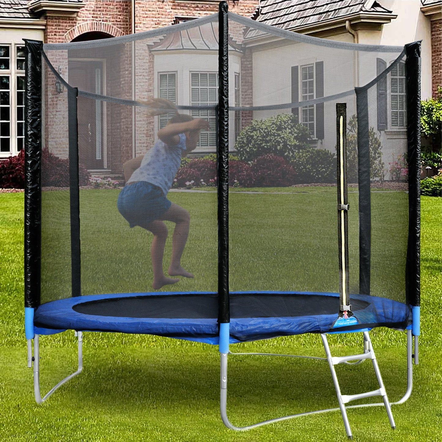 Trampoline de Jardin Enfants et Adultes Jeux d'Extérieur 244 cm Noir et Bleu Avec Filet de sécurité Couverture de protection