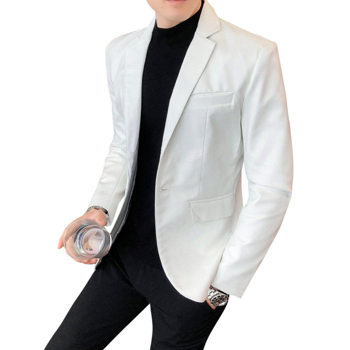 YFFUSHI Mens Slim Fit Shiny Glossy Waterproof Leather Blazer