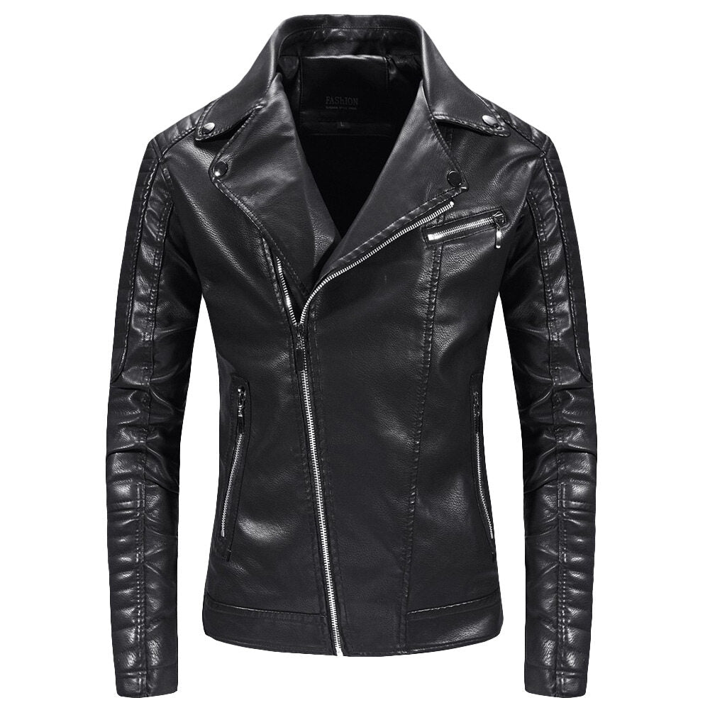 YFFUSHI Mens Slim Fit Leather Jacket with Large Lapel and Diagonal Zip