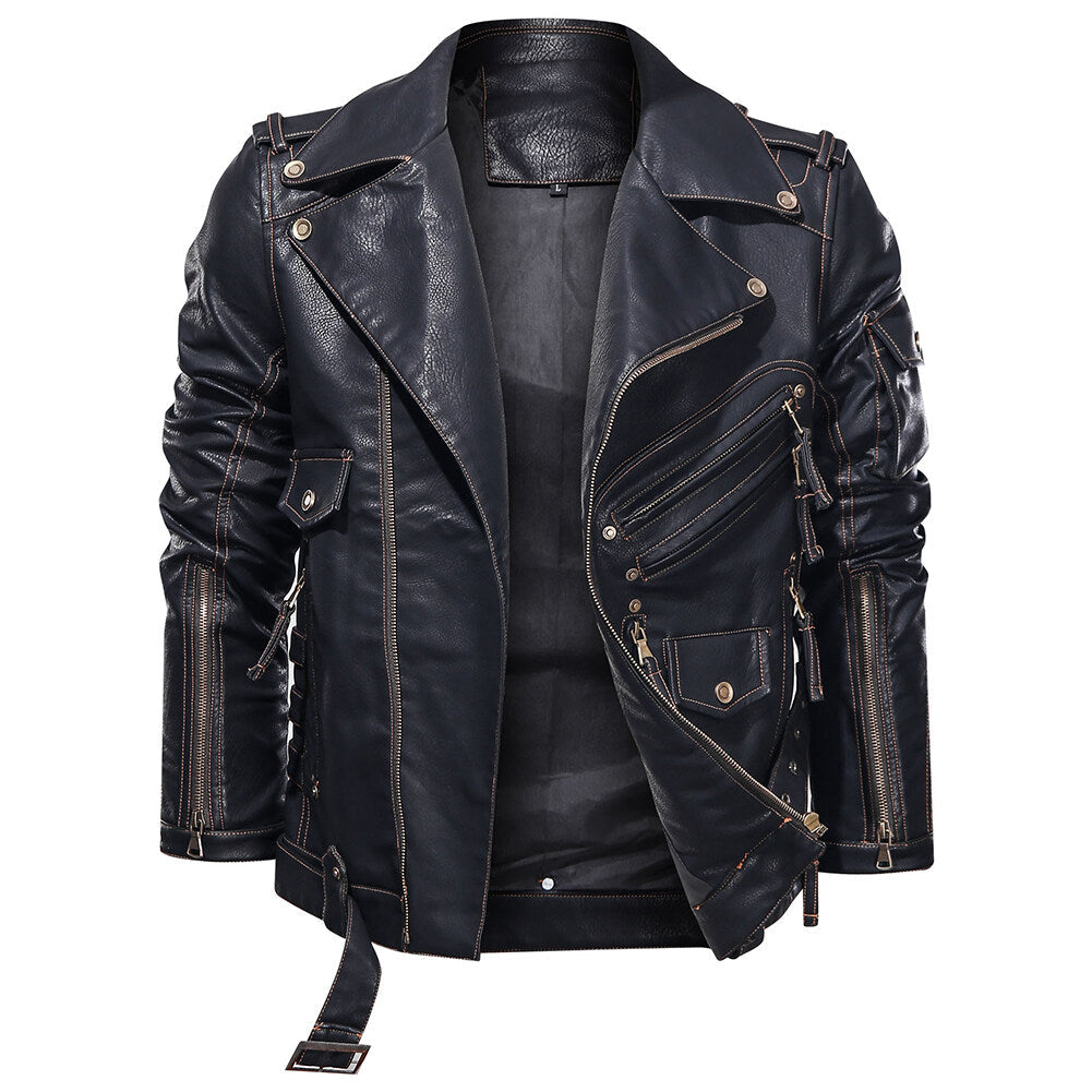 YFFUSHI Mens Biker Punk Zipped Heavy Leather Jacket