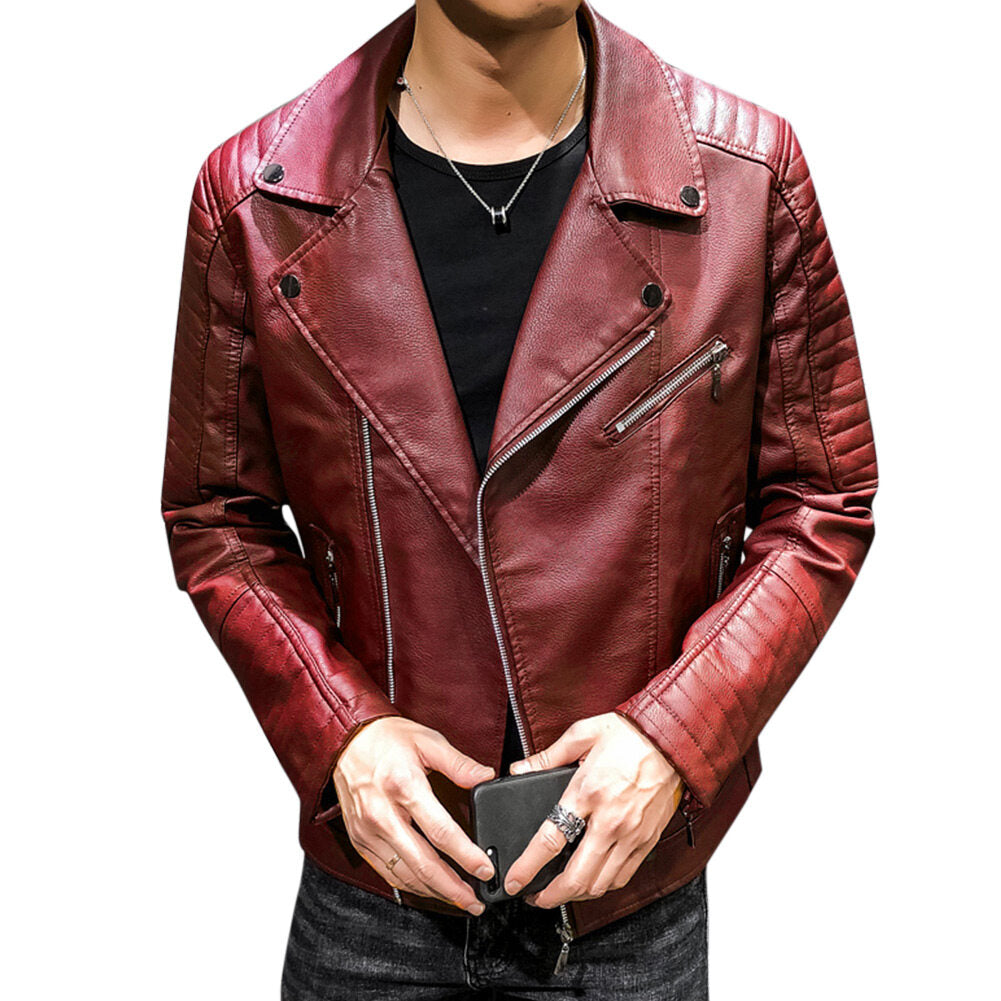 YOUTHUP Mens Slim Fit Leather Jacket with Large Lapel and Diagonal Zip