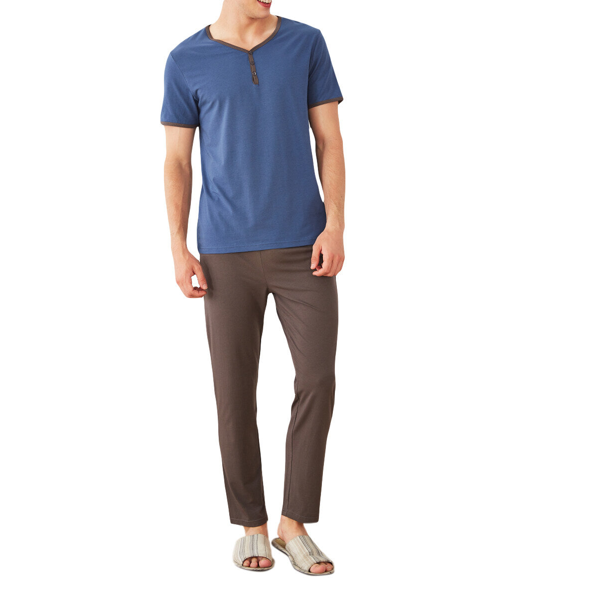 YFFUSHI Mens 2 Piece Loungewear Set Cotton Patchwork Short Sleeve Top and Long Bottoms