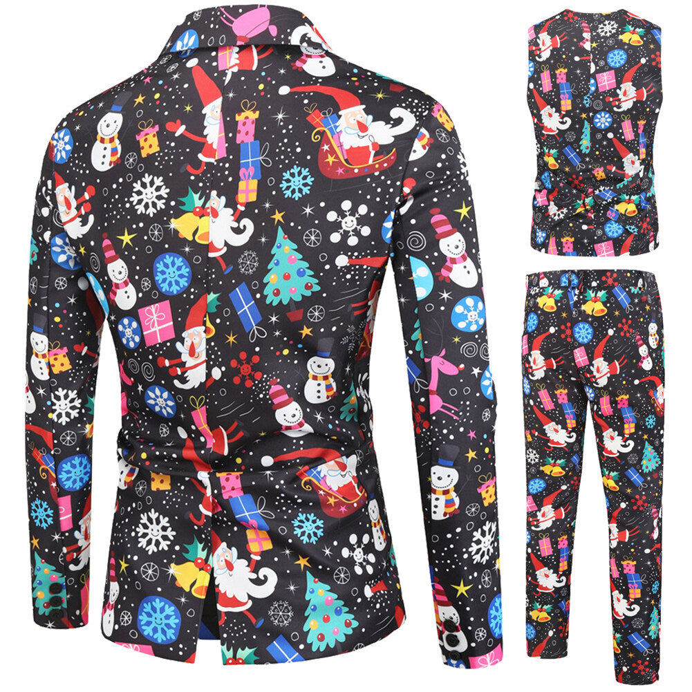 YFFUSHI Mens 3 Piece Suit Christmas Print Single Breasted Holiday Dress for Dinner or Party