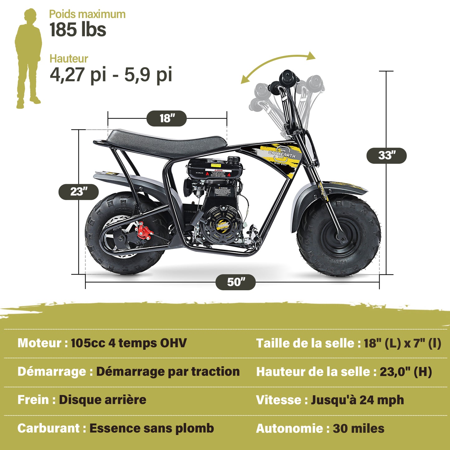 Mini Dirt Bike Pocket Bike voor kinderen 105CC 4-takt benzine mini off-road pitbike met automatische transmissie en trekstarter, 4 soorten zelfgemaakte stickers, motorfiets voor 13+ (geel)