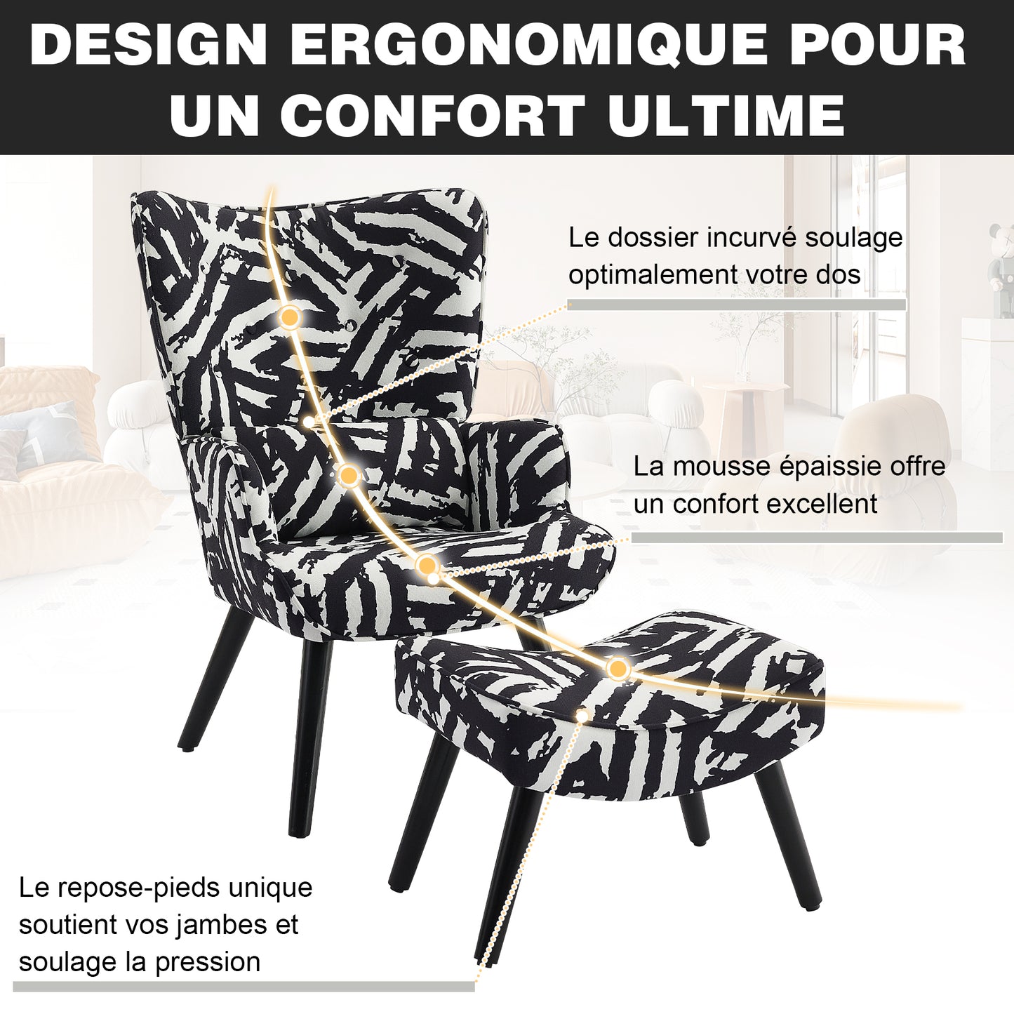 Fauteuil d'Angle HomeMiYN Noir - Ensemble avec Coussin & Tabouret - Style Industriel Chic - Bois Massif & Lin