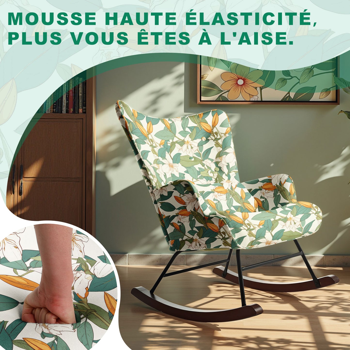 Fauteuil à Bascule Fixe en Tissu Imitation Lin : Motif Lys Vert & Blanc - Élégance Botanique Intemporelle