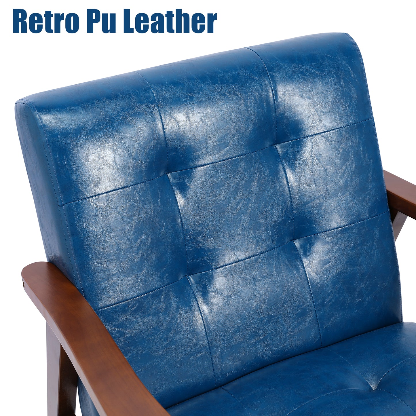 Fauteuil en cuir artificiel tapisé style vintag-Fauteuil en bois naturel de bureau de chambre à coucher, bleu