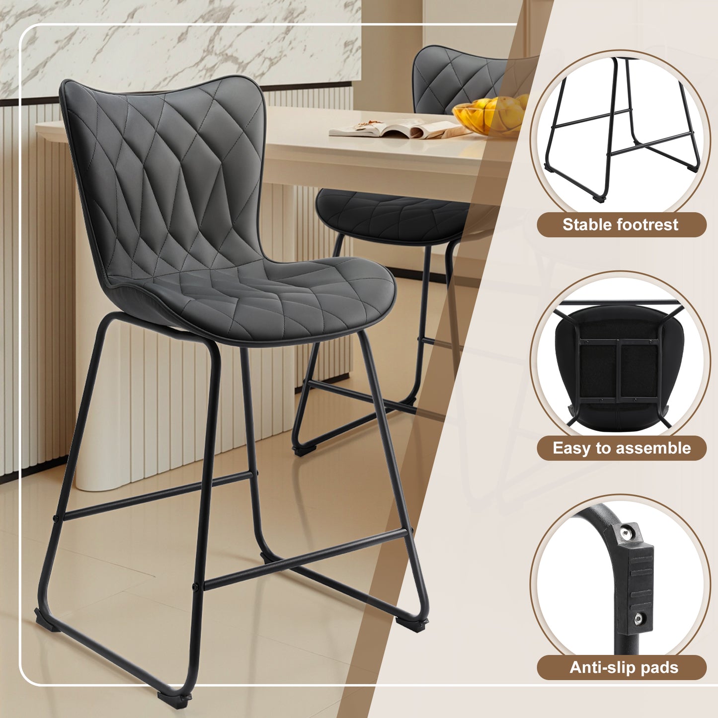 Set van 2 moderne barkrukken HomeMiYN – Zwart faux-leer met ruitpatroon