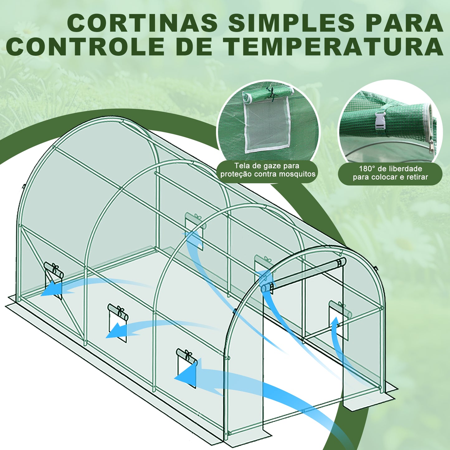 Estufa em Túnel 6m² HOMEMIYN(300x200x200 cm, Material Cobertura em Policarbonato - Verde)