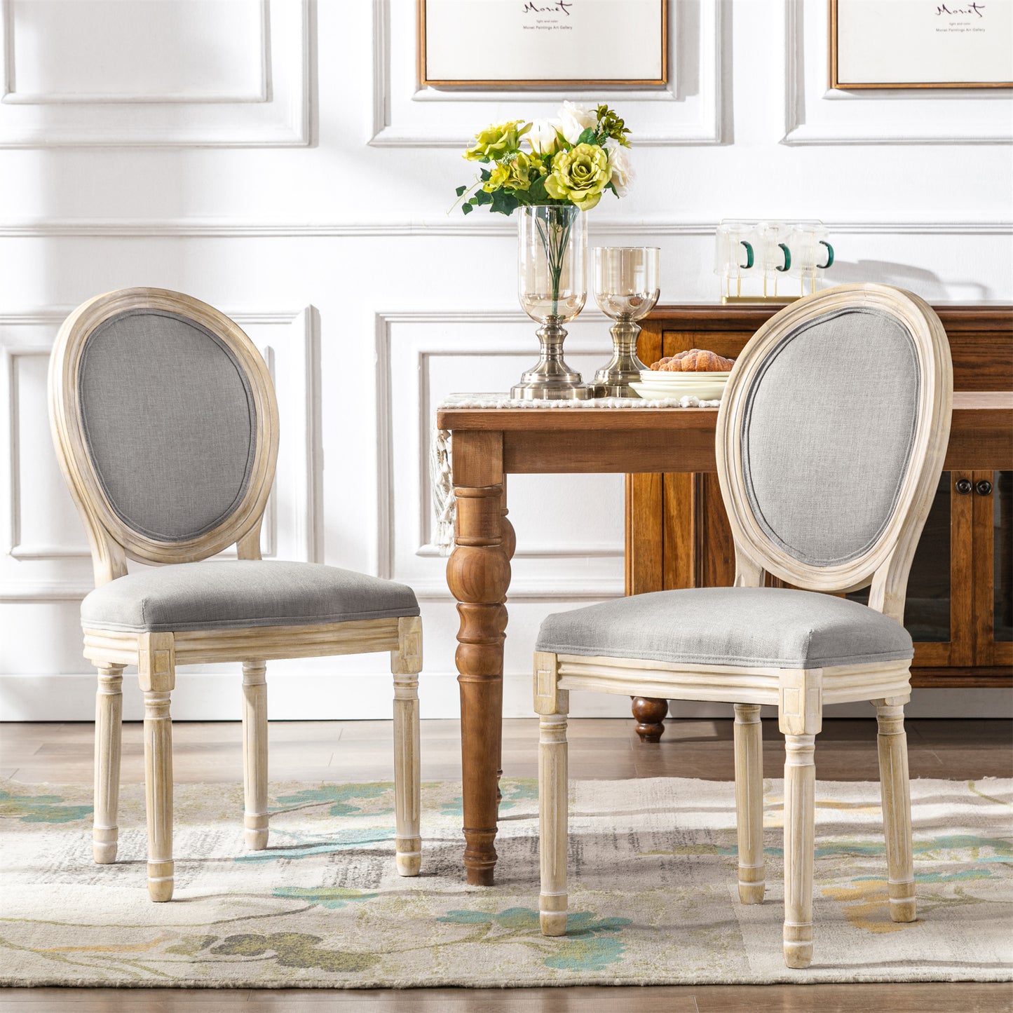 Set of 2 Louis XVI Style Dining Chairs - Linen Upholstered Medallion Back Soft Padding - Grey French Country Kitchen Chairs