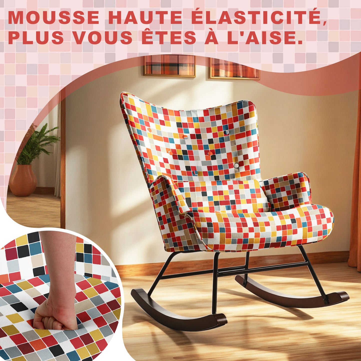 Fauteuil à bascule HOMEMIYN : tissu imitation lin, motif mosaïque coloré - 91X67X86CM
