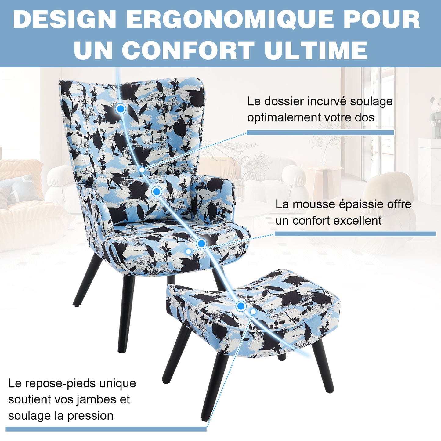 Fauteuil d'angle bleu MiYN avec coussins et tabouret - style campagnard moderne - bois massif et lin hypoallergénique - pour salon / chambre