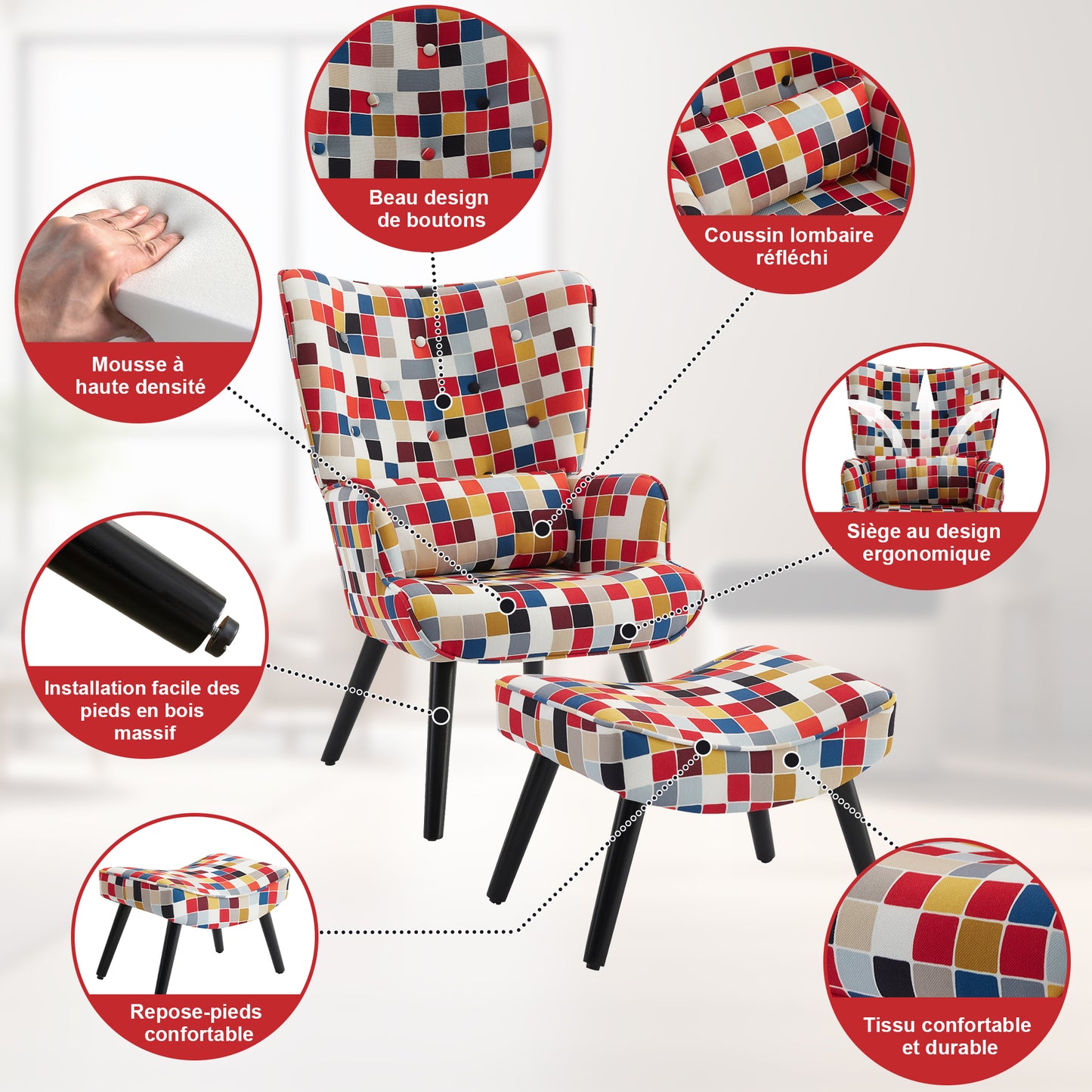 Fauteuil d'angle rustique HomeMiYN avec coussin et tabouret