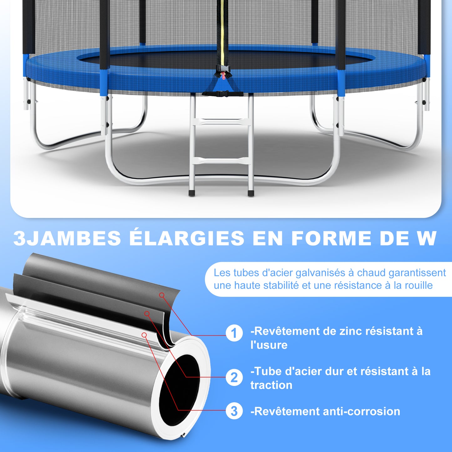 Trampoline de jardin rond Ø 244cm noir et bleu avec filet, bâche, échelle