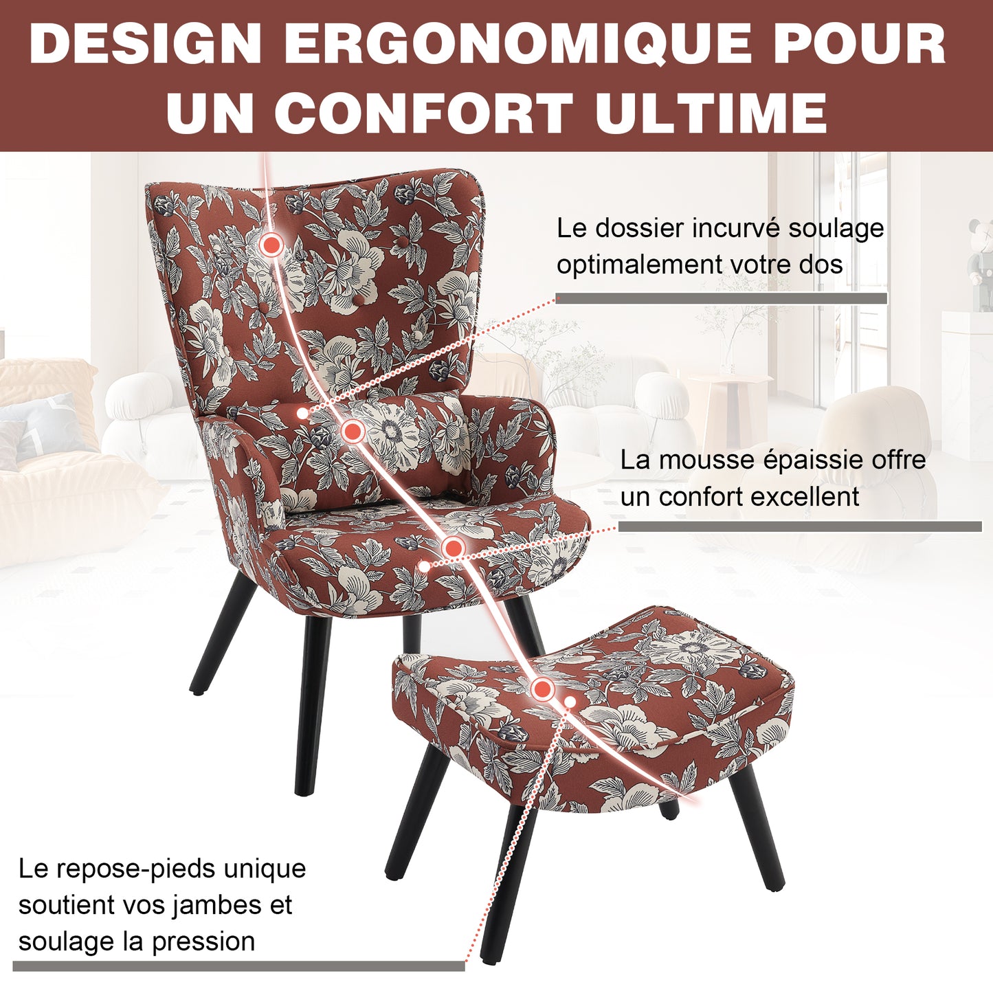 Fauteuil d'Angle HomeMiYN Rouge Terre Cuite - Ensemble avec Coussin & Tabouret - Style Rustique Moderne - Bois Massif & Lin