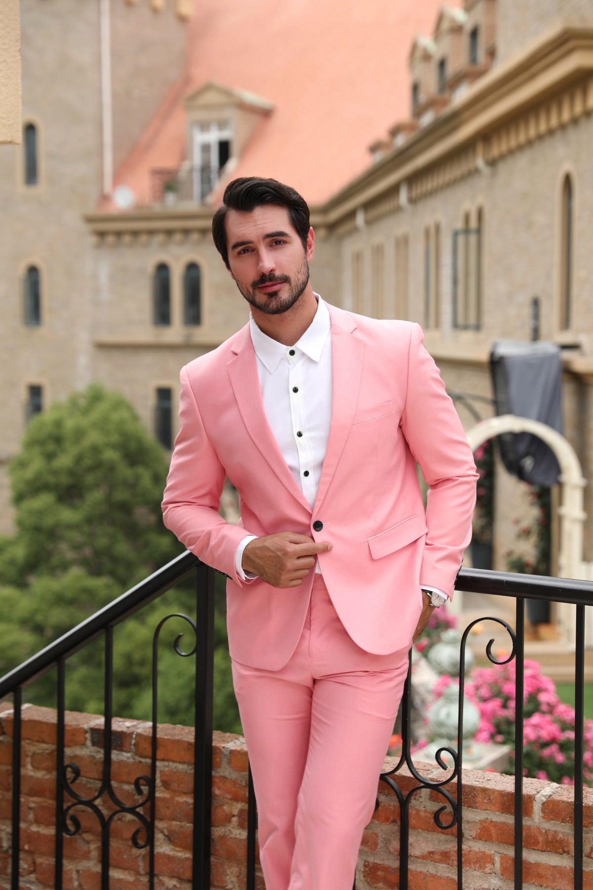 Cloudstyle Men's Suit Single-Breasted One Button Center Vent 2 Pieces Slim Fit Formal Pink Suits