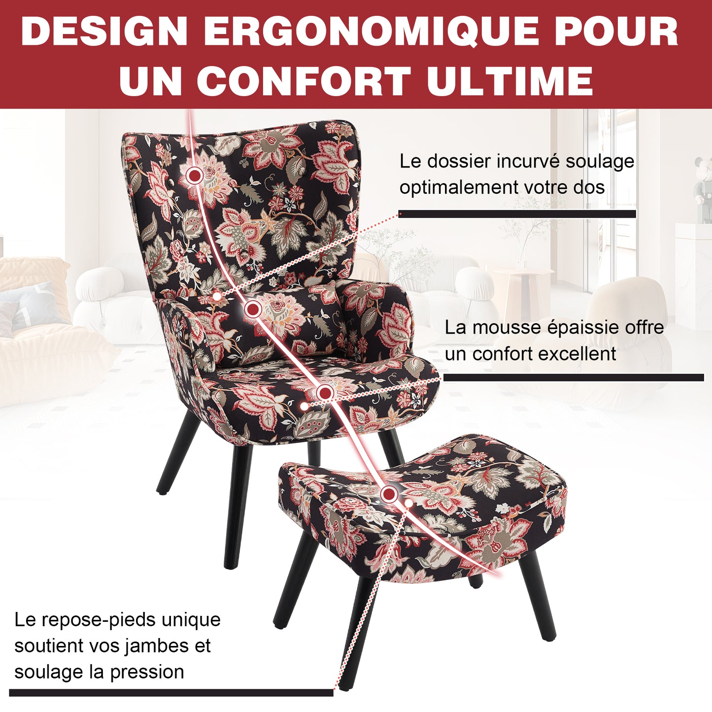 Fauteuil d'angle rustique HomeMiYN avec coussin et tabouret