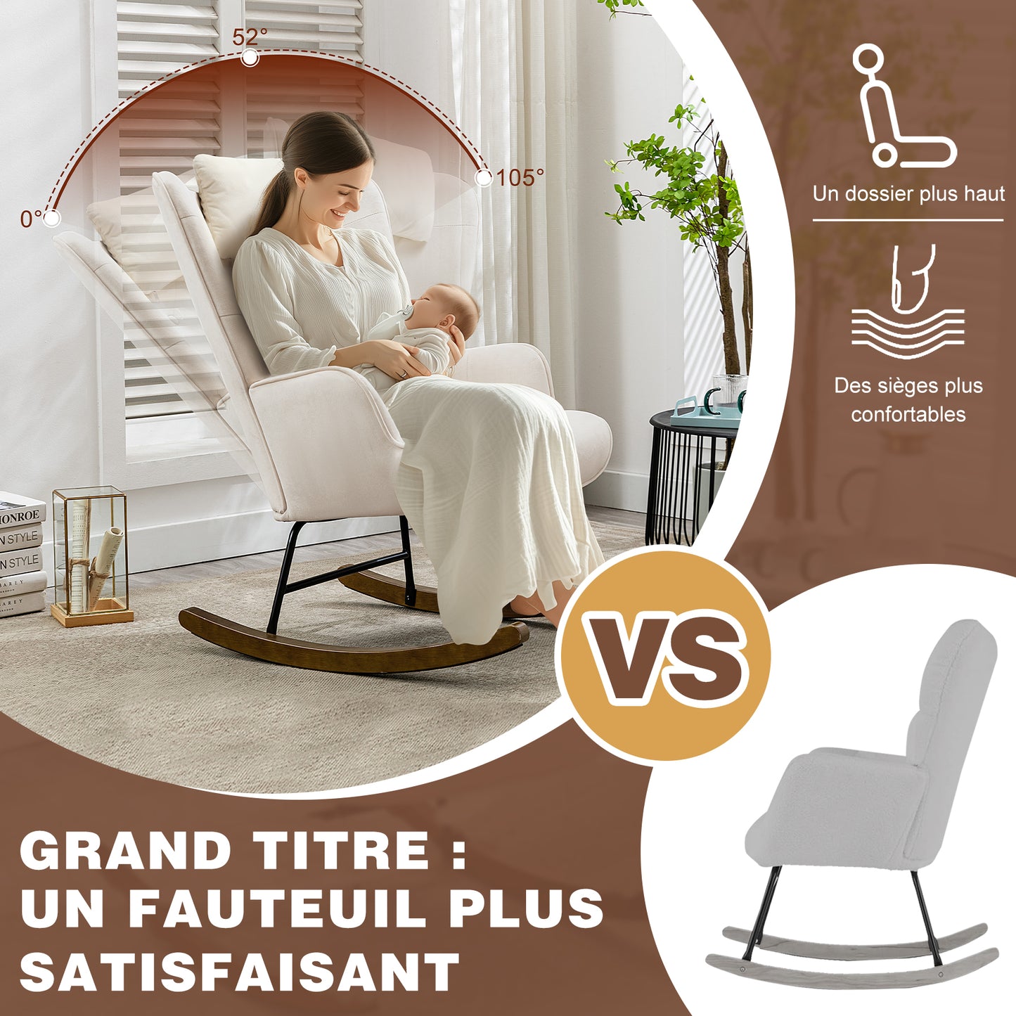 Chaise à bascule Appui-tête Salon  Velours Fauteuil d'allaitement Fauteuil à bascule