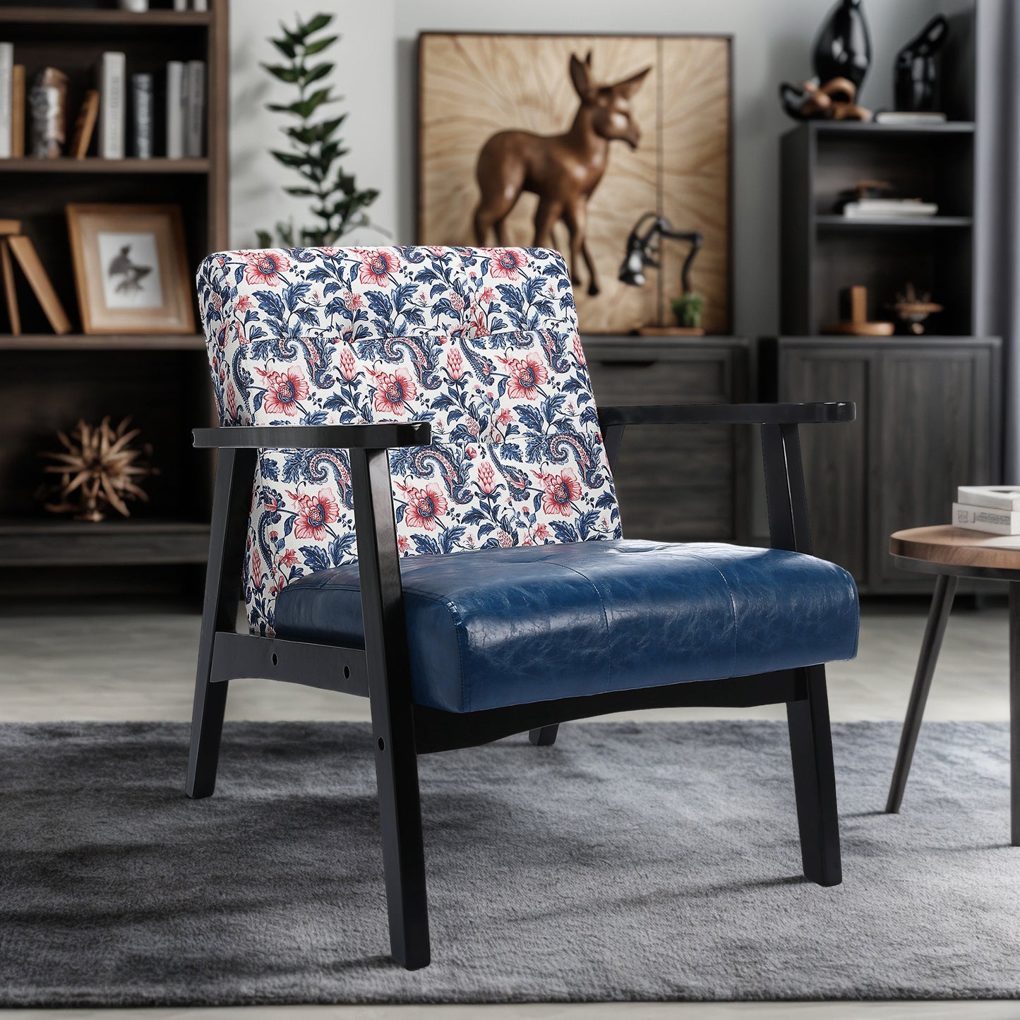 Canapé d'Appoint Japonais - Toile Fleurie Bleu/Rouge & Accoudoirs PU Noir - Design Vintage Mid-Century
