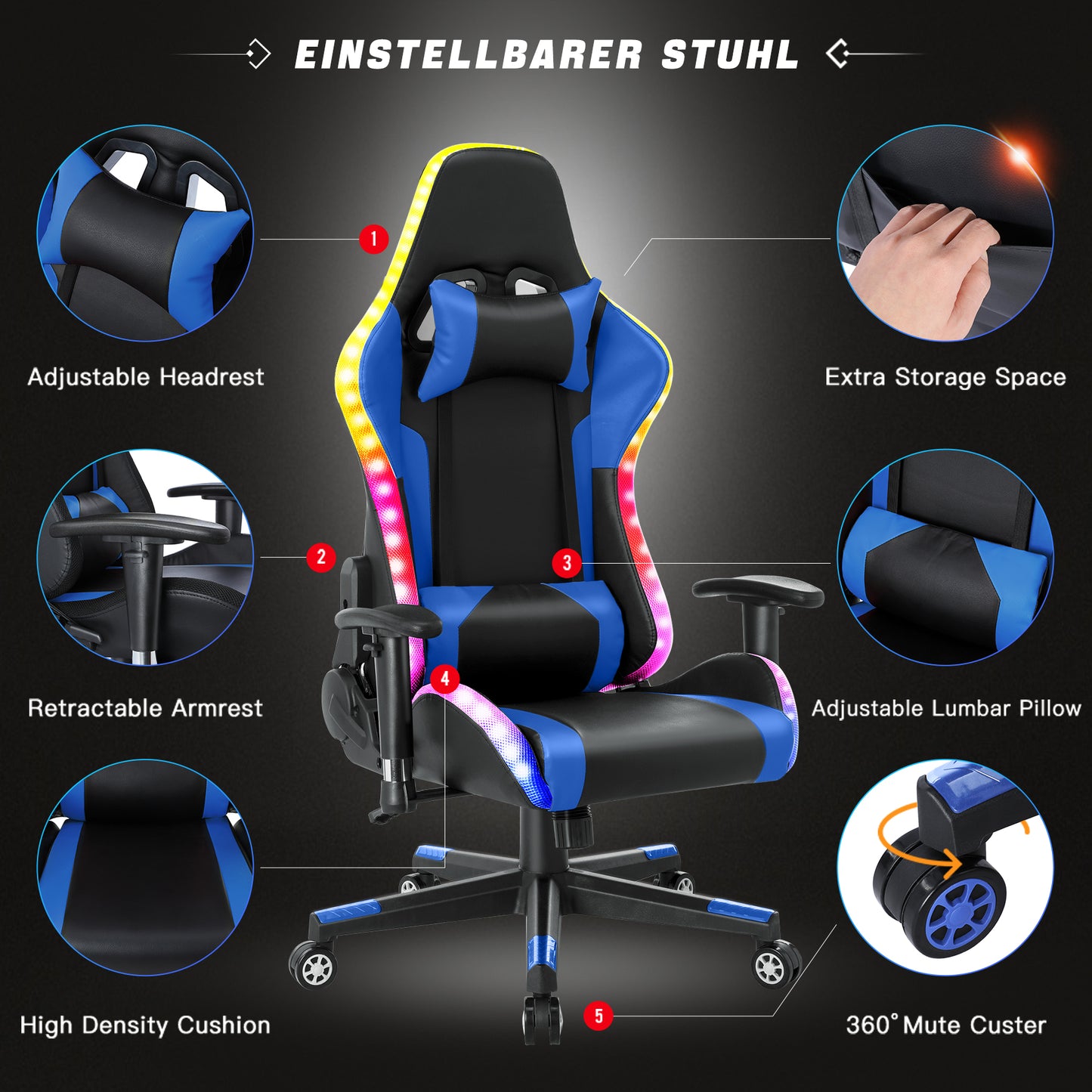 Gamingstoel met RGB LED-verlichting en luidsprekers Gamingstoel in racestijl Kantoorstoel PU-leren pc-stoel