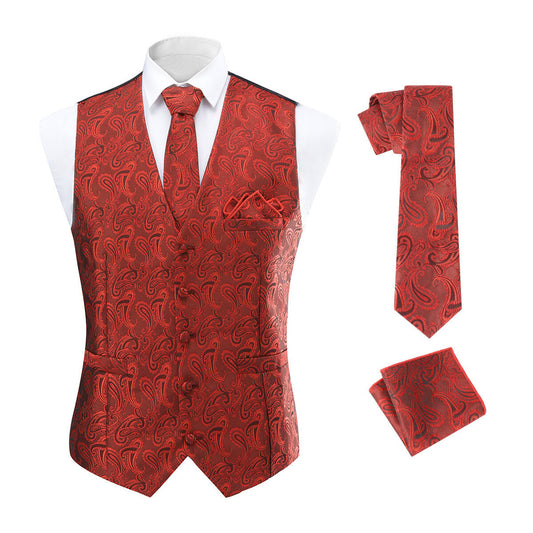 YFFUSHI Mens Paisley Jacquard Vest Tie Pocket Square Set for Suit or Tuxedo