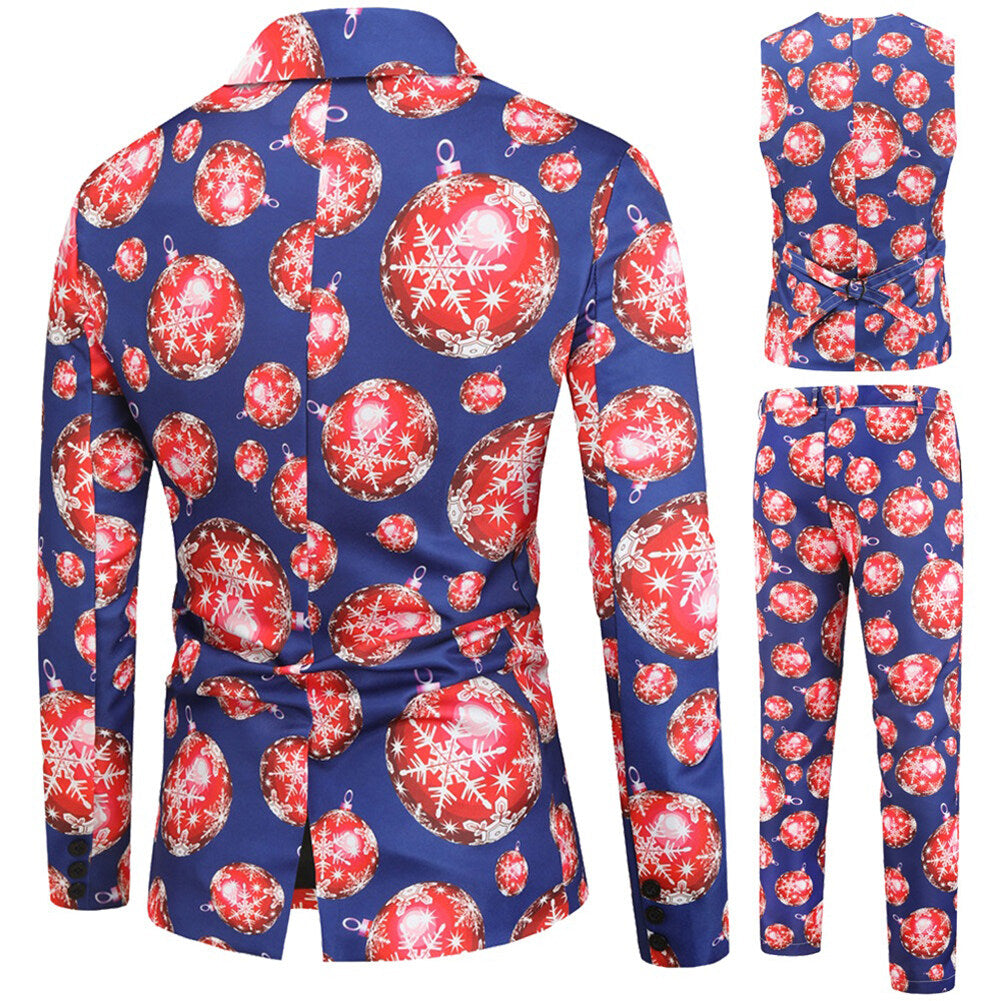 YFFUSHI Mens 3 Piece Suit Snowflake Lantern Print Single Breasted Holiday Dress for Dinner or Party