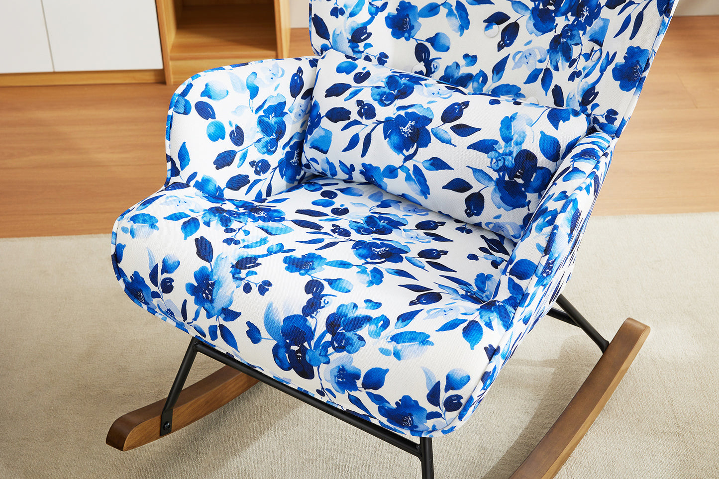 Cadeira de Balanço HomeMiYN(87x66x90cm - Tecido de Linho Falso - Azul e Branco)