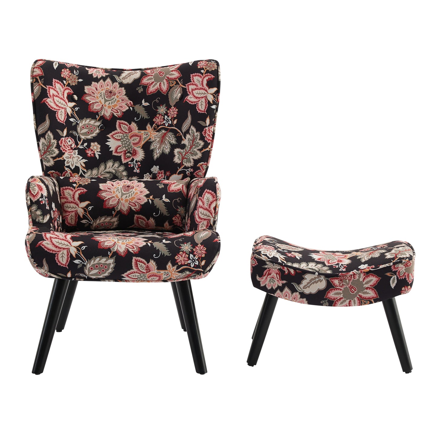 Poltrona HOMEMIYNcom Almofada e Banco ( 76x65x94 cm - Linho Falso Pretocom Flores Vermelho）