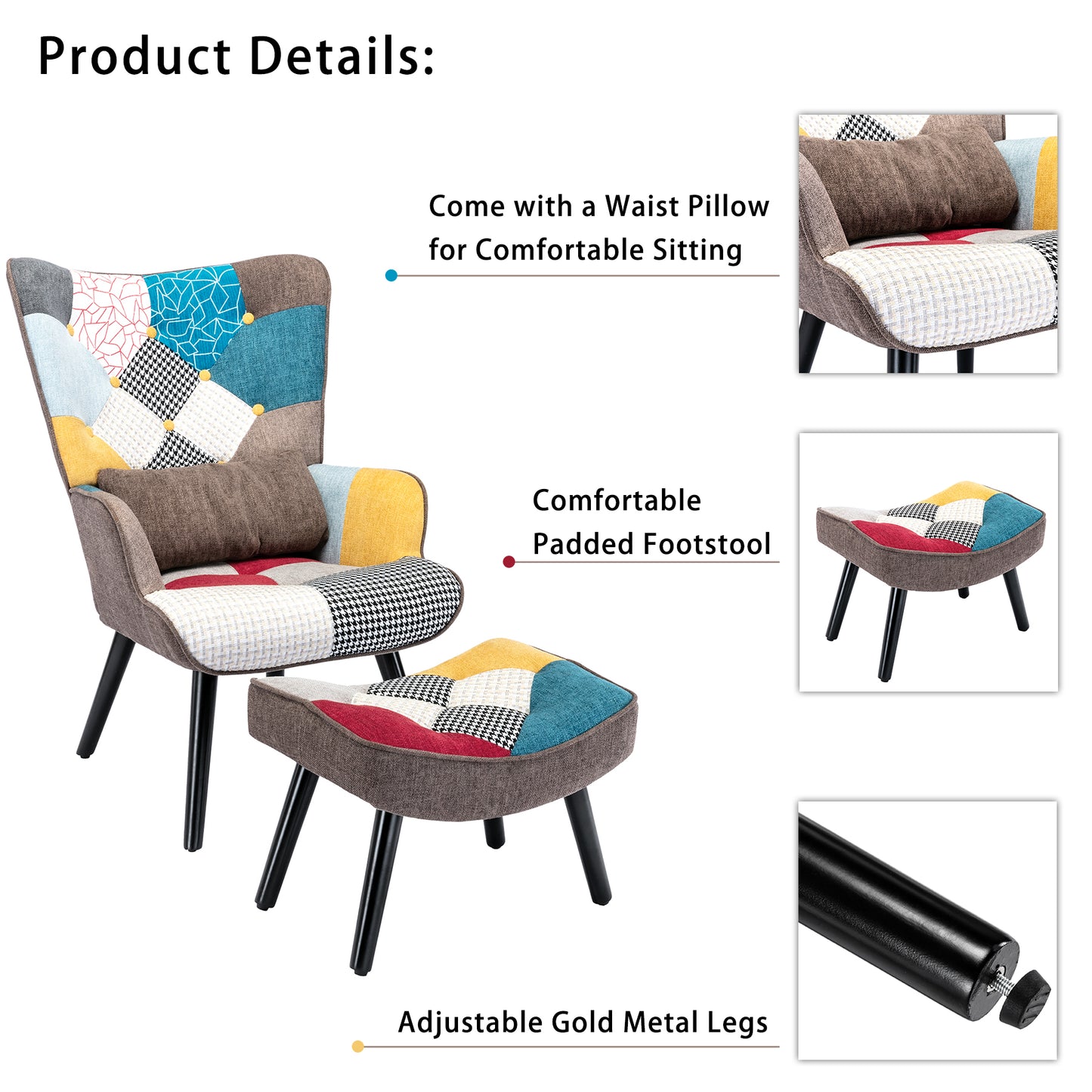 Scandinavian Patchwork Armchair with Ottoman - Solid Wood Legs & Lumbar Pillow - Multicolor Linen Fabric for Living Room/Balcony