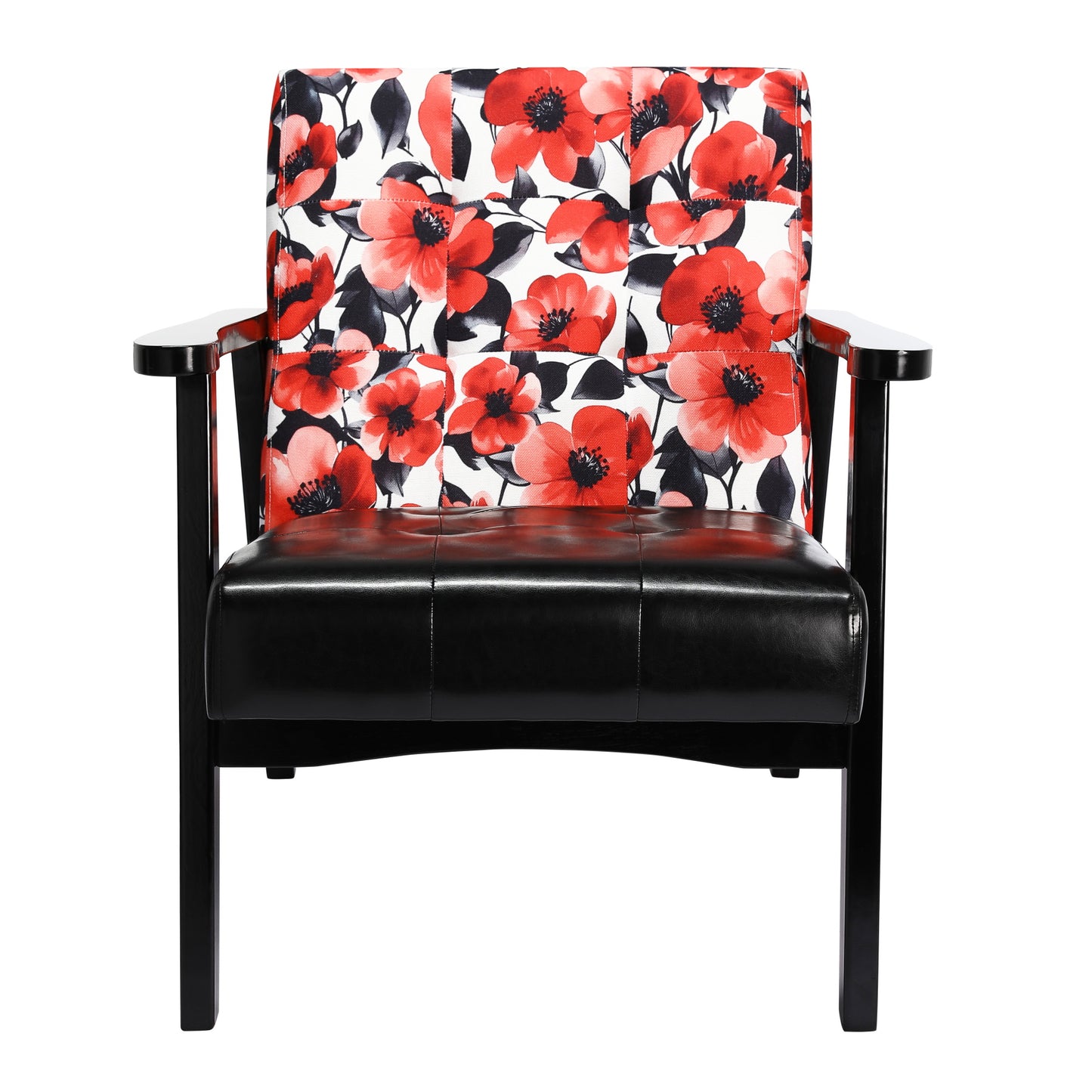 Zwarte Japanse bank met rode bloemen - Zwarte PU-armleuningen - Mid-Century Vintage-stijl
