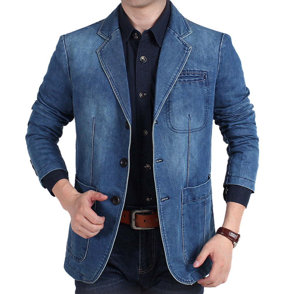 YFFUSHI Mens Regular Fit Denim Blazer Casual 3 Buttons Multi-Pocket Suit Jacket