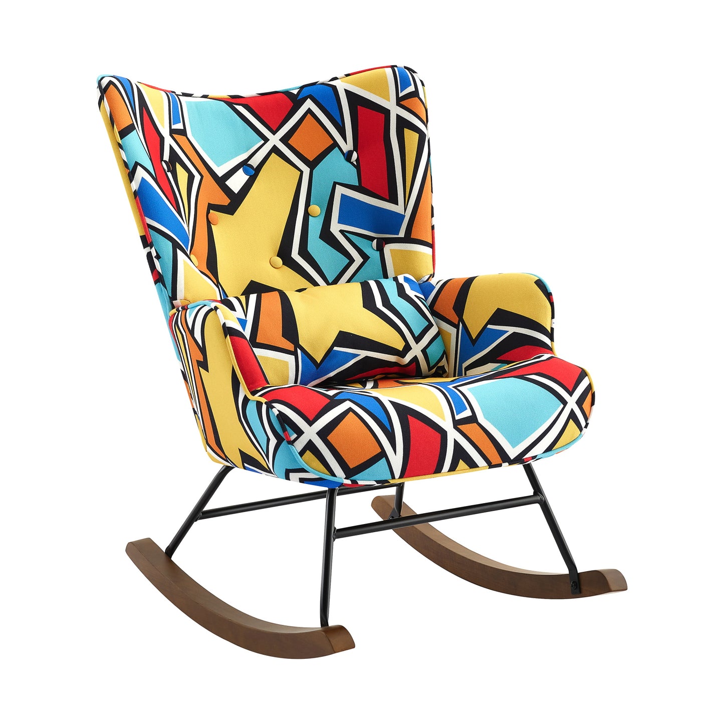 Fauteuil à bascule en velours avec base métallique et détails en bois pour un oasis de chambre paisible