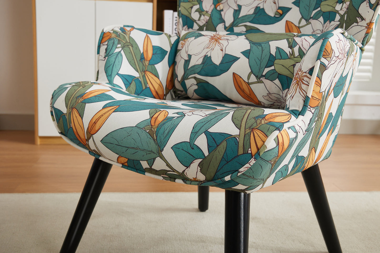 Poltrona HOMEMIYNcom Almofada e Banco ( 76x65x94 cm - Linho Falso com Estampa de Lírios- Verde/Branco）