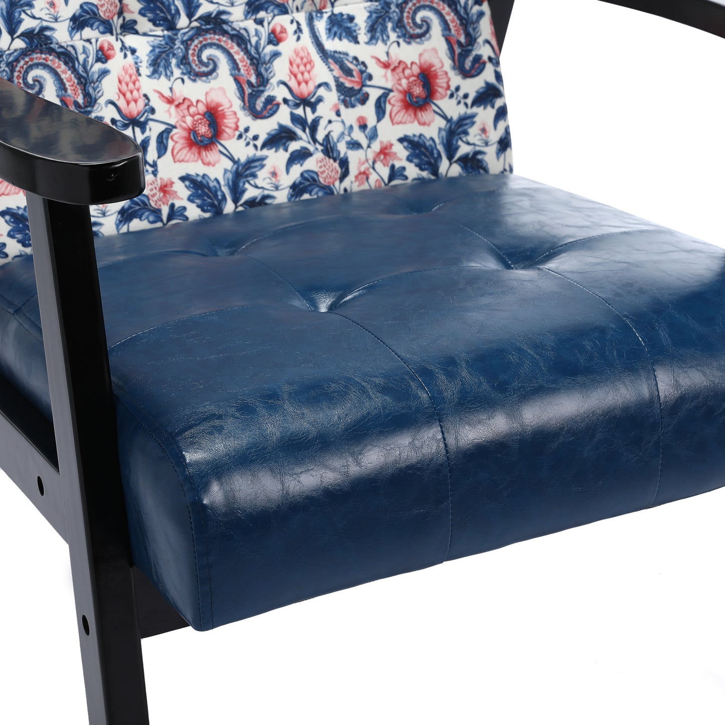 Canapé d'Appoint Japonais - Toile Fleurie Bleu/Rouge & Accoudoirs PU Noir - Design Vintage Mid-Century