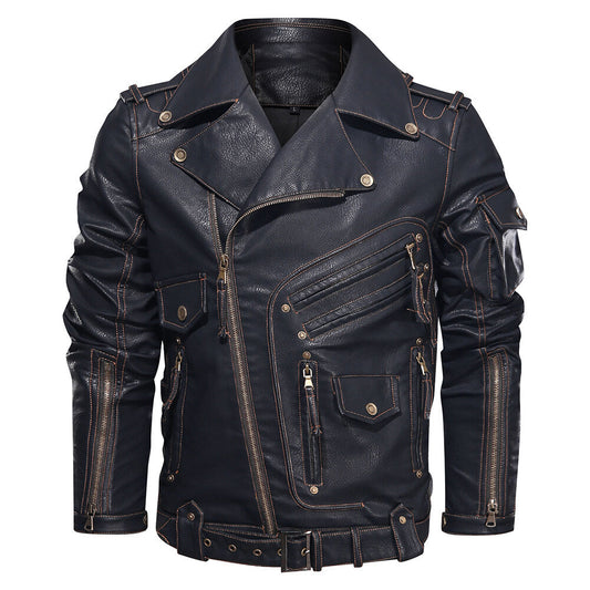 YFFUSHI Mens Biker Punk Zipped Heavy Leather Jacket