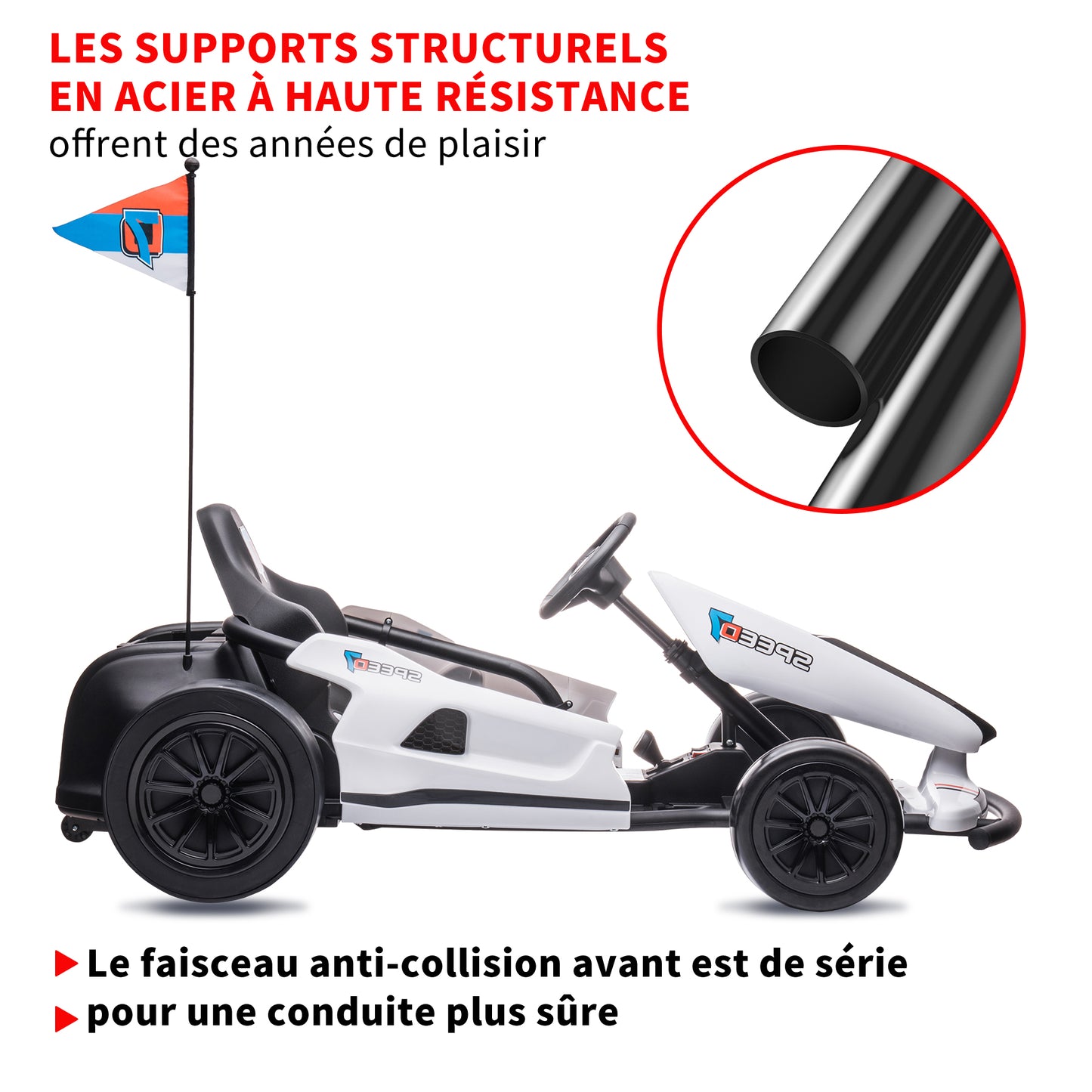 HOMEMiYN 24V 13 km/u elektrische driftkart met zachte start, muziek, claxon, veiligheidsgordel voor kinderen van 8-12 jaar (wit).