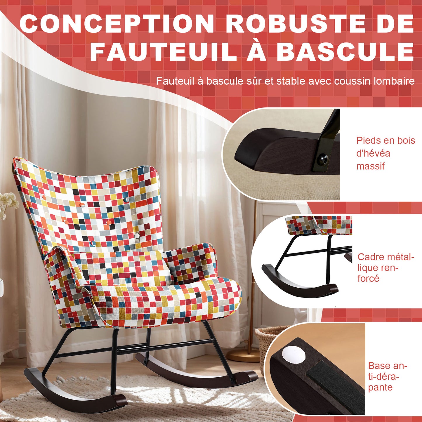 Fauteuil à bascule HOMEMIYN : tissu imitation lin, motif mosaïque coloré - 91X67X86CM