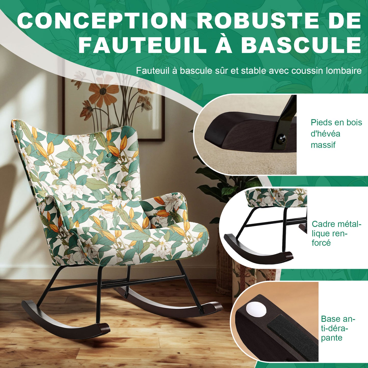 Fauteuil à Bascule Fixe en Tissu Imitation Lin : Motif Lys Vert & Blanc - Élégance Botanique Intemporelle