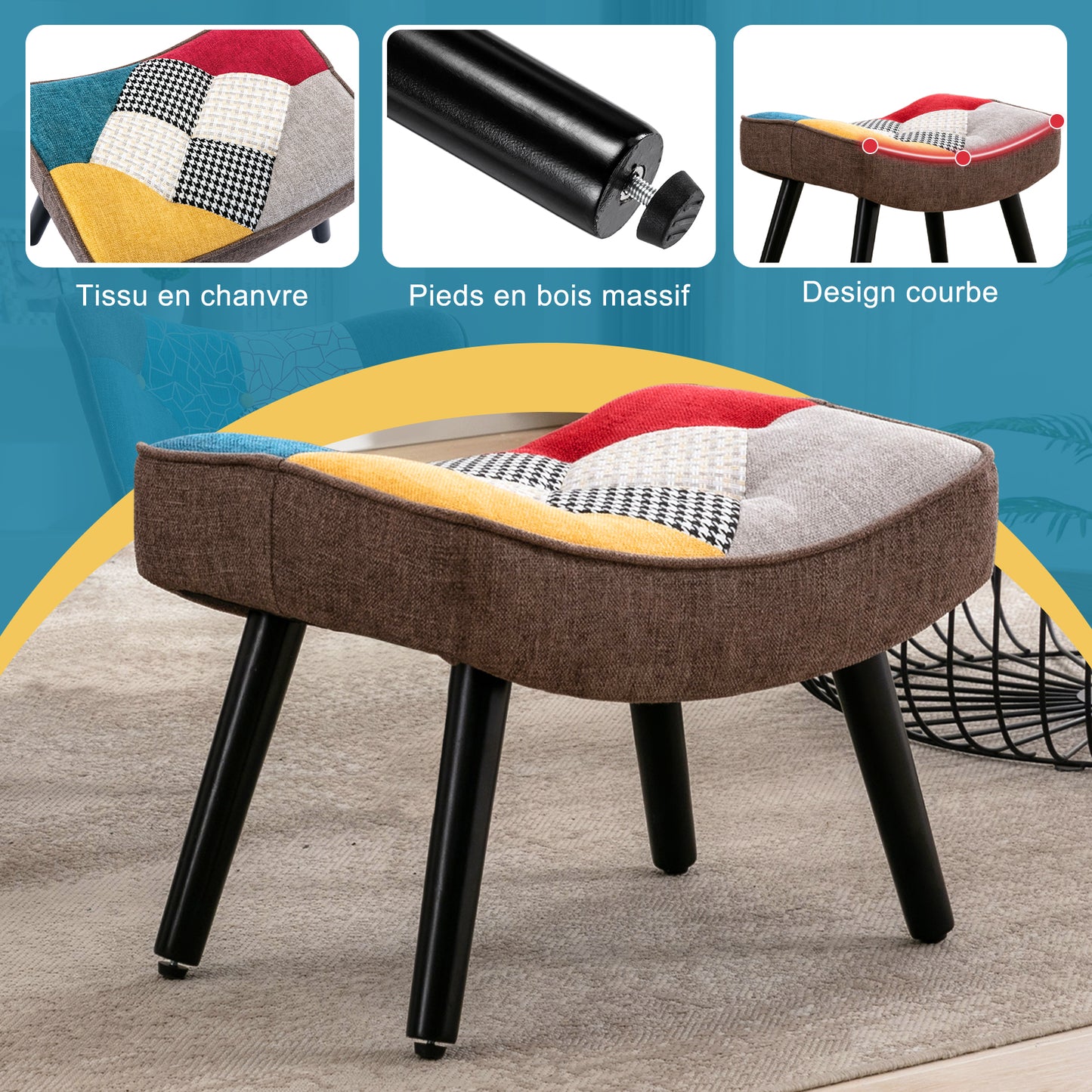 Tabouret pour Fauteuil de Salon Patchwork, Fauteuil à Oreilles, Chaise à Bascule, Pouf d'Appoint Décoratif