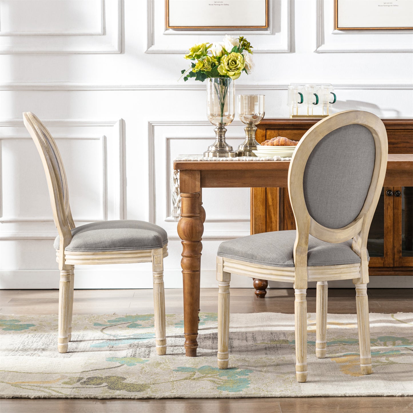 Set of 2 Louis XVI Style Dining Chairs - Linen Upholstered Medallion Back Soft Padding - Grey French Country Kitchen Chairs