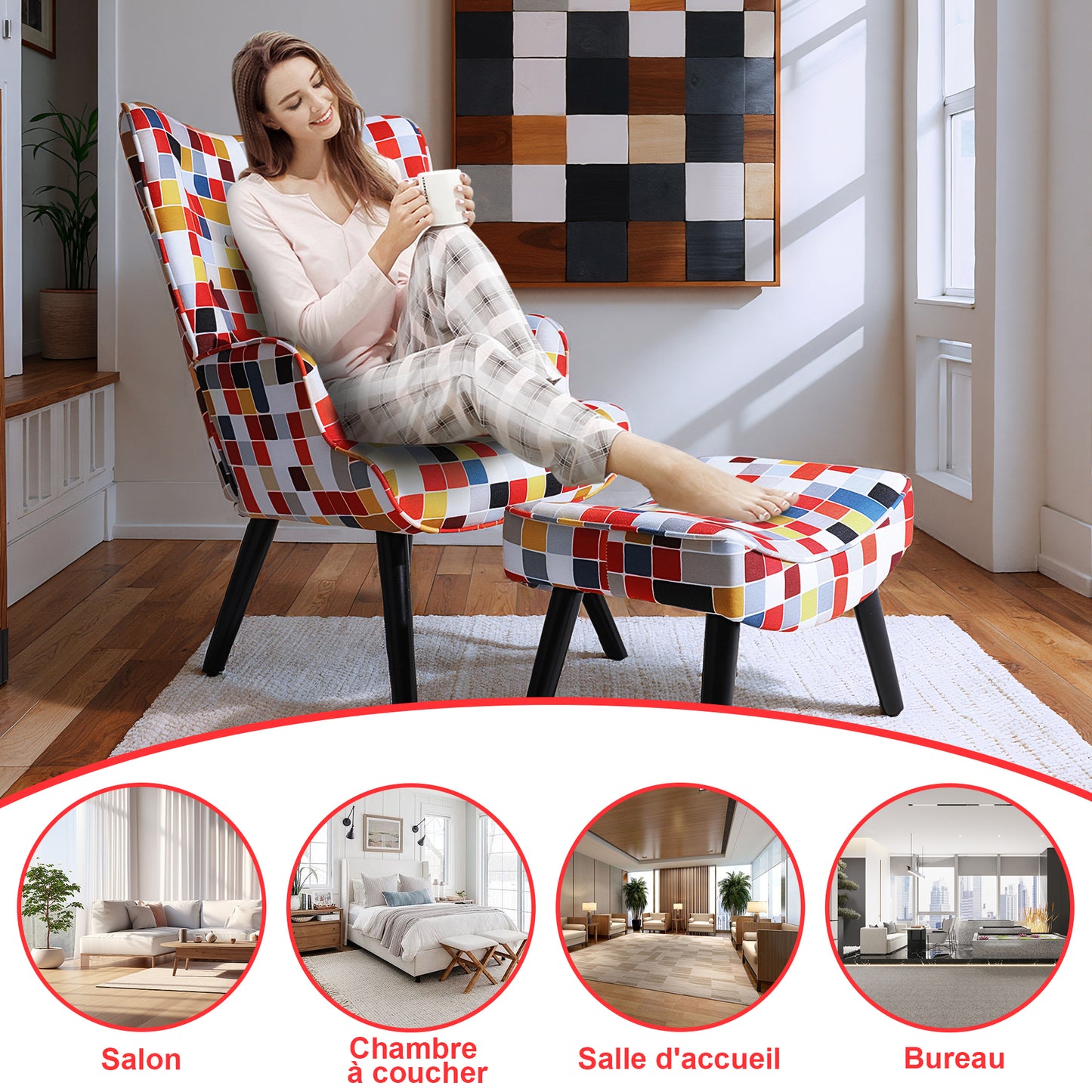Fauteuil d'angle rustique HomeMiYN avec coussin et tabouret