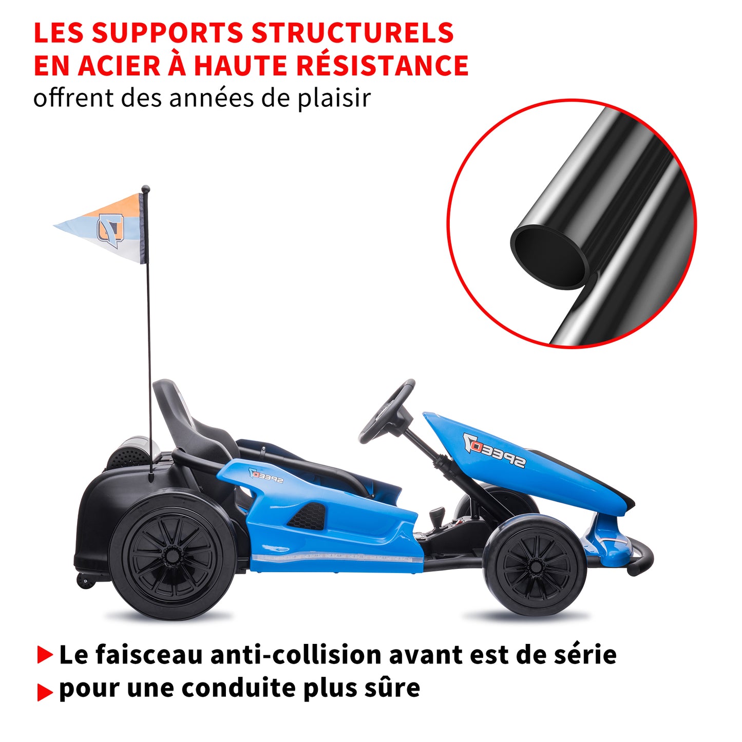 HOMEMiYN 24 V 13 km/h Elektro-Driftkart mit Sanftanlauf, Musik, Hupe, Sicherheitsgurt für Kinder von 8–12 Jahren (blau)