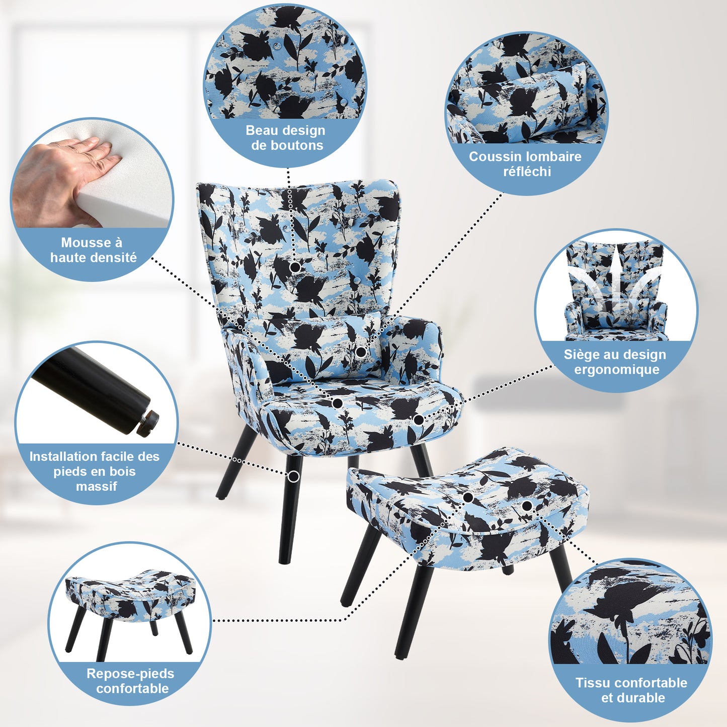 Fauteuil d'angle bleu MiYN avec coussins et tabouret - style campagnard moderne - bois massif et lin hypoallergénique - pour salon / chambre