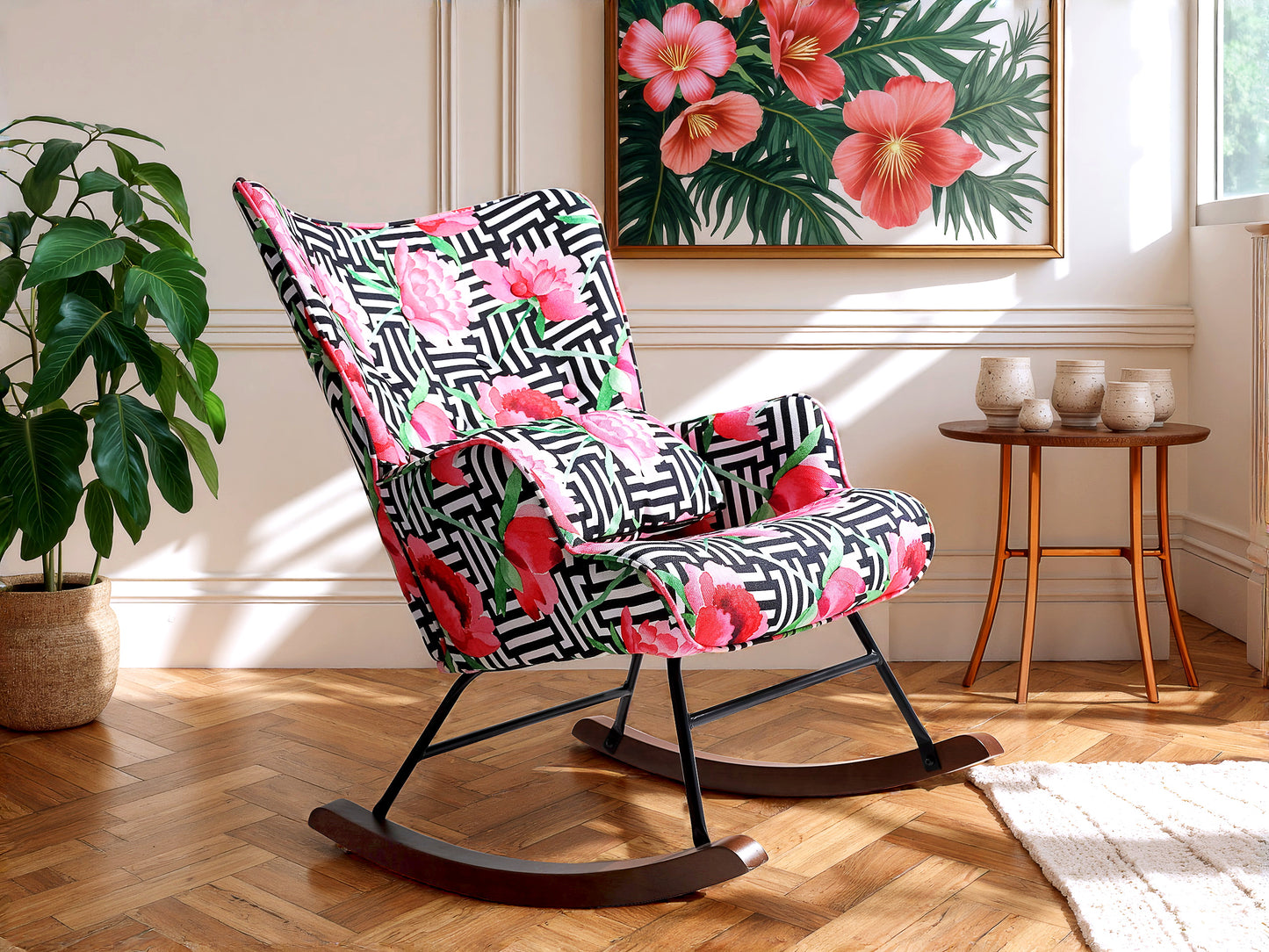 Cadeira de Balanço HomeMiYN(87x66x90cm - Tecido de Linho Falso - Estampa de Rosas)