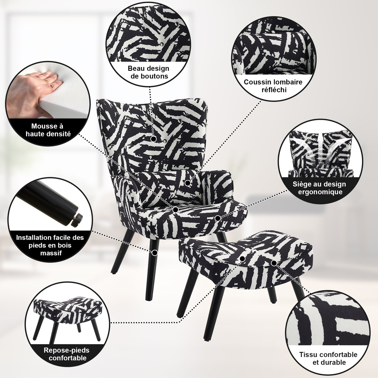 Fauteuil d'Angle HomeMiYN Noir - Ensemble avec Coussin & Tabouret - Style Industriel Chic - Bois Massif & Lin