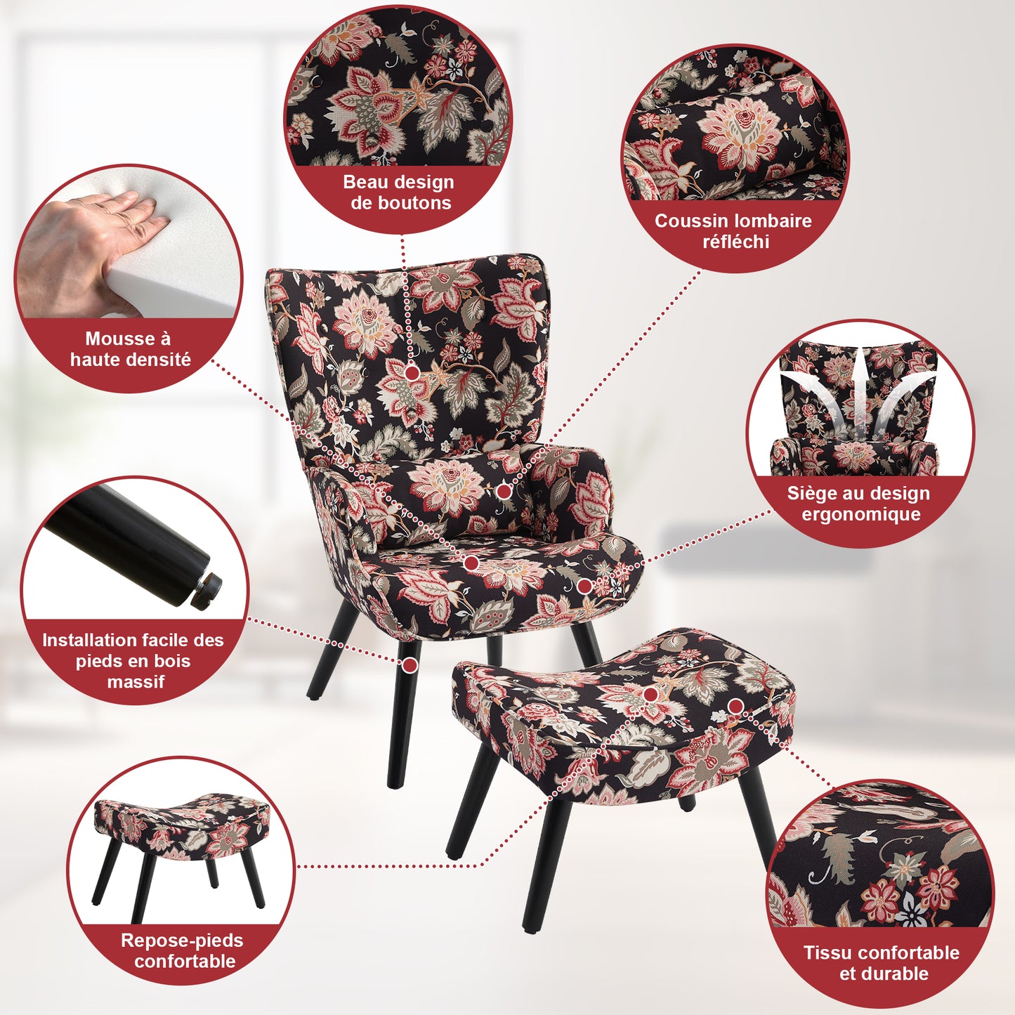 Fauteuil d'angle rustique HomeMiYN avec coussin et tabouret