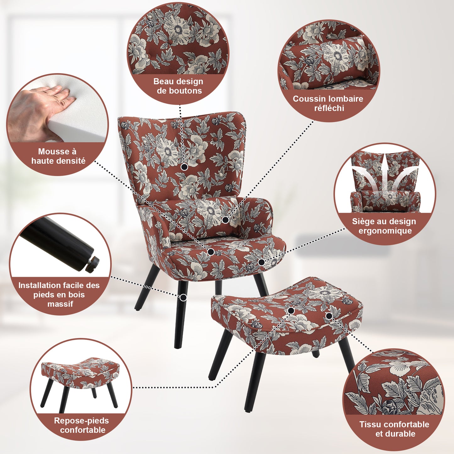 Fauteuil d'Angle HomeMiYN Rouge Terre Cuite - Ensemble avec Coussin & Tabouret - Style Rustique Moderne - Bois Massif & Lin