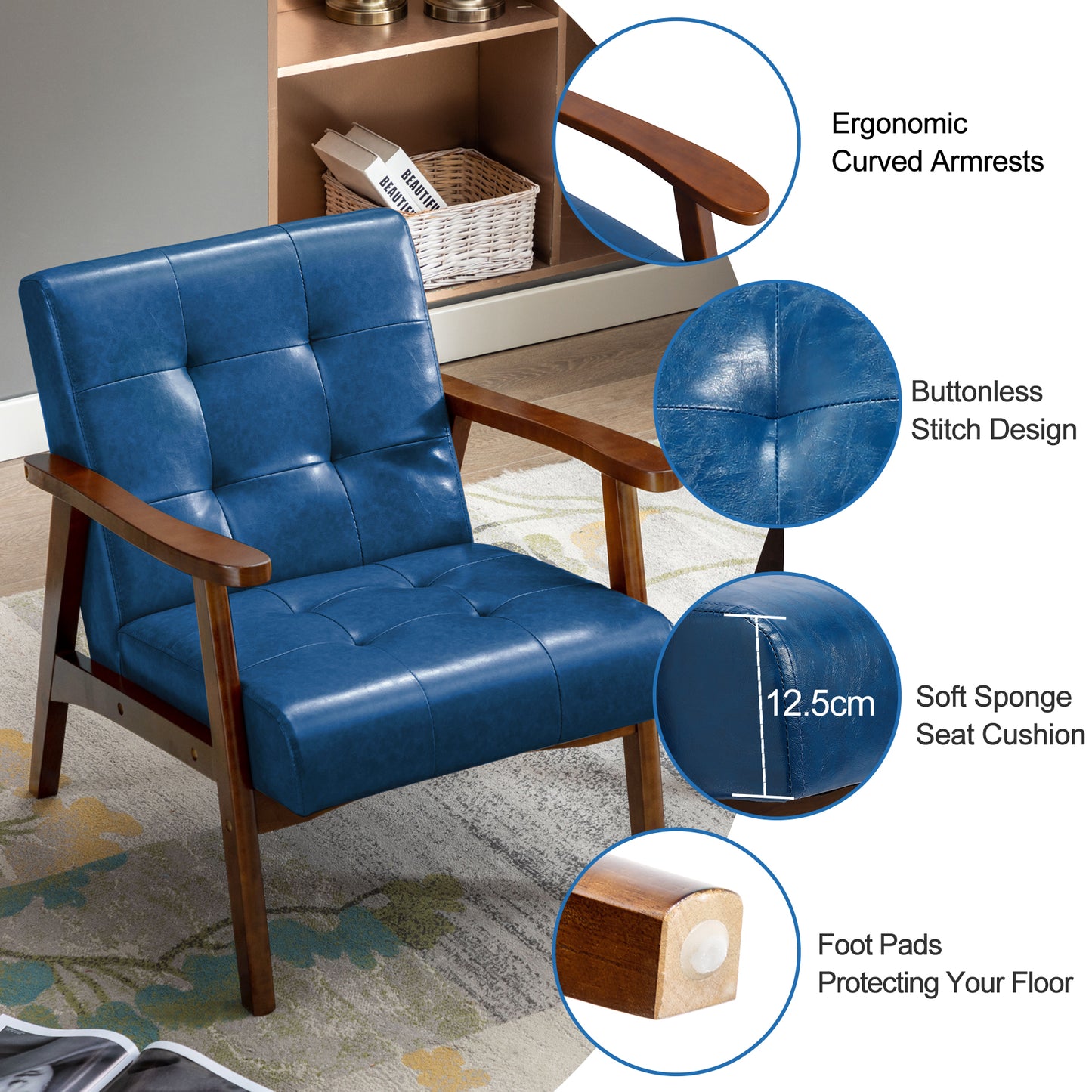 Fauteuil en cuir artificiel tapisé style vintag-Fauteuil en bois naturel de bureau de chambre à coucher, bleu
